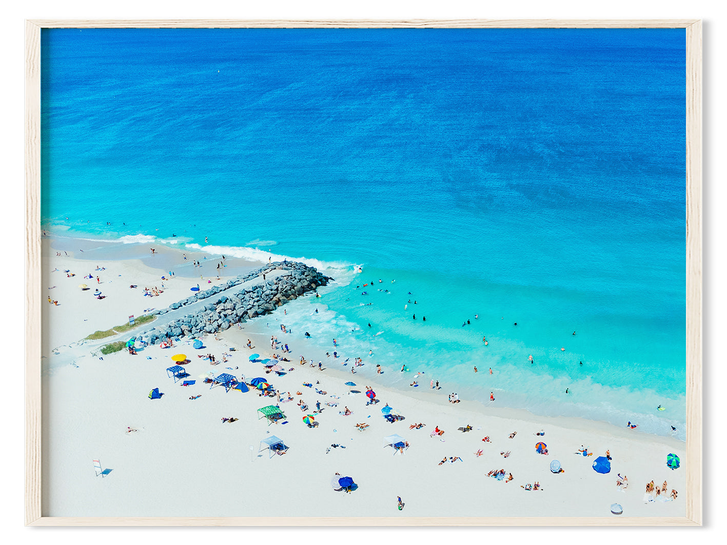 Aerial Art Print of a crowd City Beach with loots of people with umbrellas.