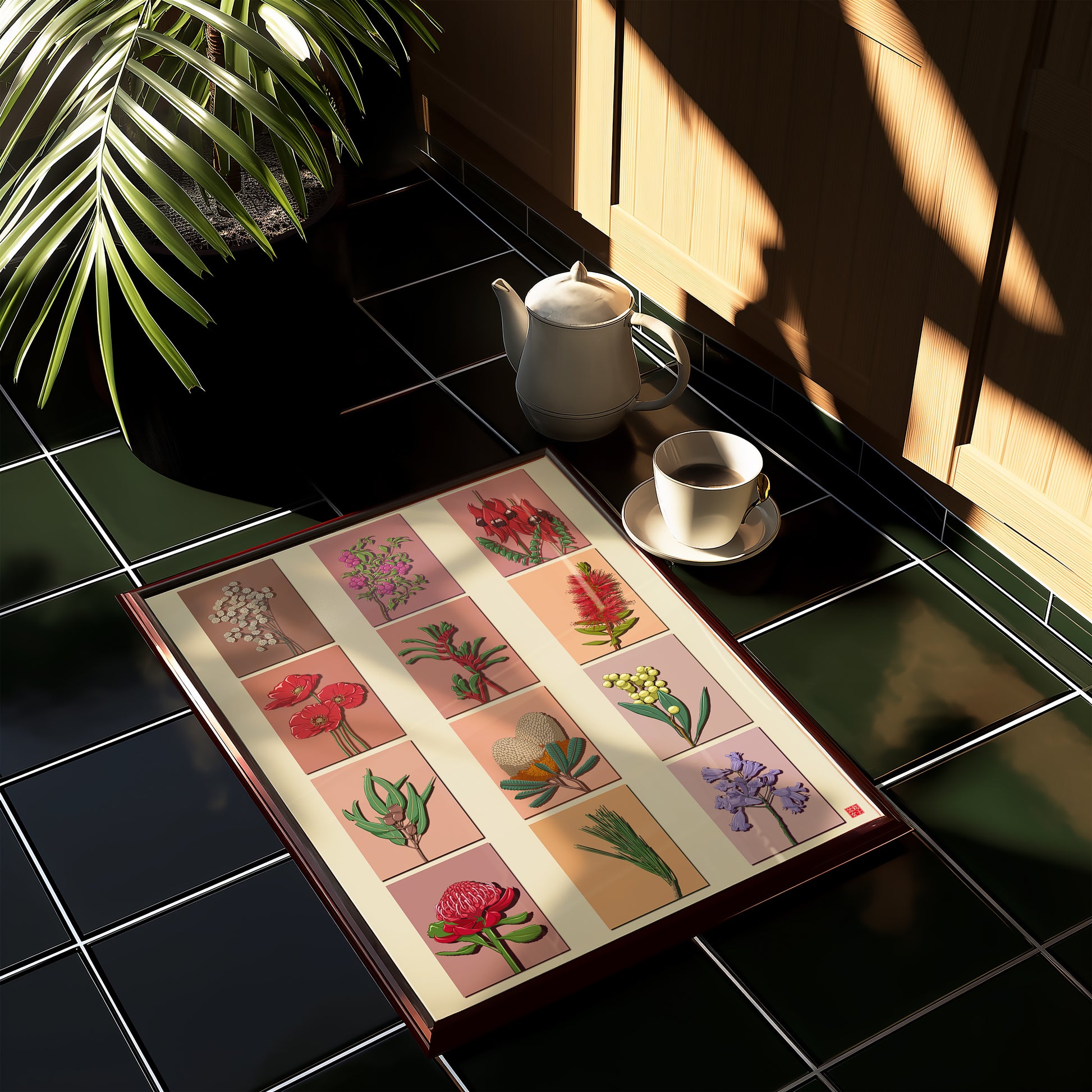 Framed art print in Japanese style kitchen with an array of Australian native flowers